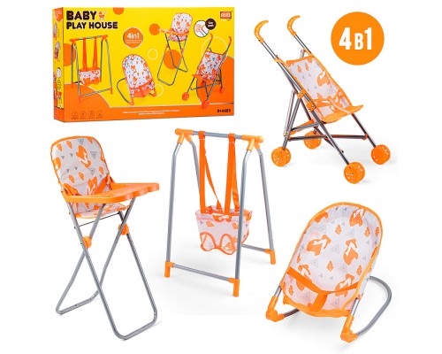 Набор аксессуаров для куклы 4в1 (качель, стульчик, коляска, креслло) в коробке