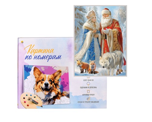 Холст с красками 30х40 по номерам "Дед Мороз и внучка" в коробке (30цв.)