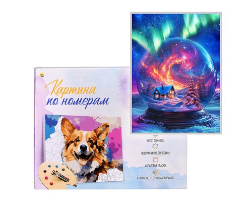 Холст с красками 30х40 по номерам "Дом в снежном шаре" в коробке (30цв.)