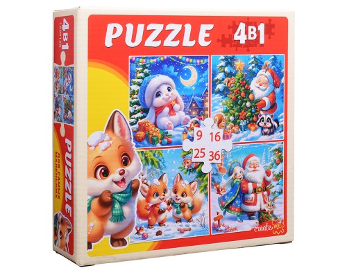 Пазлы 4 в 1. "Новогодняя сказка" (9,16, 25, 36 эл.)