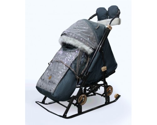 Санки-коляска "Glory gloss" (лён серо-зеленый+светоотражающая ткань)