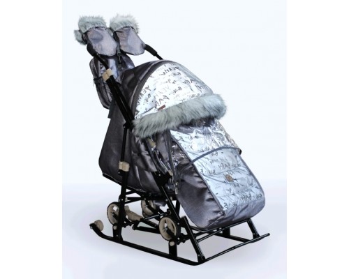 Санки-коляска "Glory gloss" (сатин серо-коричневый) +светоотражающая
