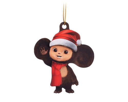 Новогодняя ёлочная подвеска из дерева двухслойная "Чебурашка в шарфике" 9х7,5см