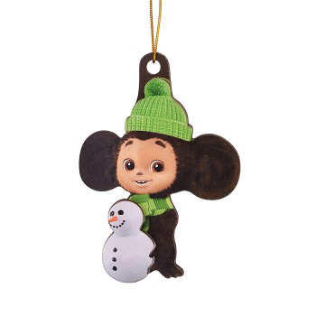 Новогодняя ёлочная подвеска из дерева двухслойная "Чебурашка и снеговик" 9х6,5см