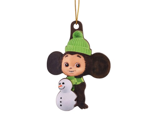 Новогодняя ёлочная подвеска из дерева двухслойная "Чебурашка и снеговик" 9х6,5см