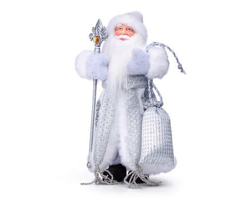Сувенир "Дед Мороз" в бело-серебристой шубе с посохом, собственная разработка, 30 см