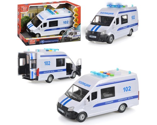 Машина пластик Газель Next Полиция 22,5 см, (свет-звук, двери) инерц, в коробке