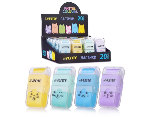 Ластик "Kitty" синтетический (ECO-PVC), ассорти 4 цвета, с роликом для сбора крошек, 58x28x15 мм, dust-free, в пластиковом корпусе, с индивидуальной маркировкой