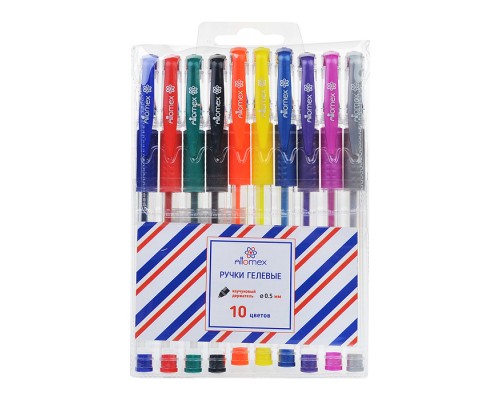 Набор ручек гелевых "Attomex" 10 стандартных цветов, d=0,5 мм, прозрачный корпус с металлическим наконечником и каучуковым держателем, сменный стержень, в пластиковом блистере