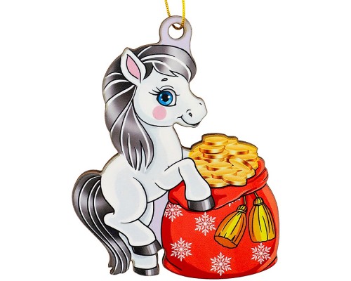Новогодняя ёлочная подвеска из дерева "Пони с мешком денег" 9 см