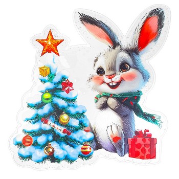 Силиконовая новогодняя наклейка "Зайчик у ёлки" 25*25см