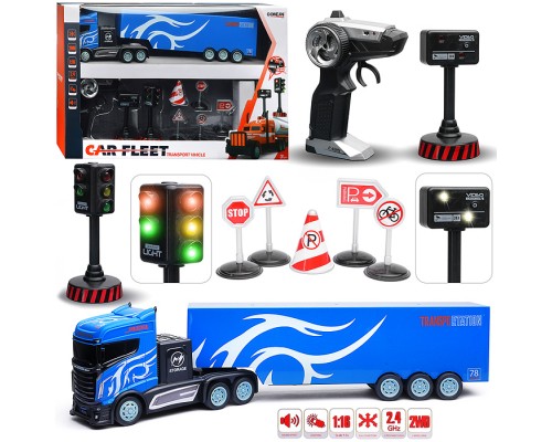 Машина "Контейнеровоз" с дорожными знаками (синий) р/у, 27 MHz, в коробке