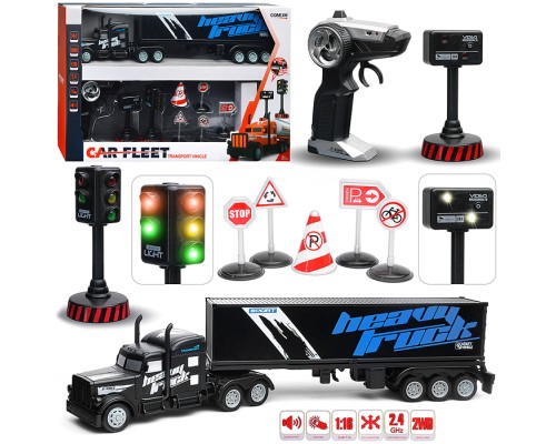 Машина  "Контейнеровоз" с дорожными знаками (чёрный) р/у, 27 MHz, в коробке