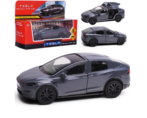 Машина металл. Tesla model x plaid 12 см, двери, серебр, в коробке