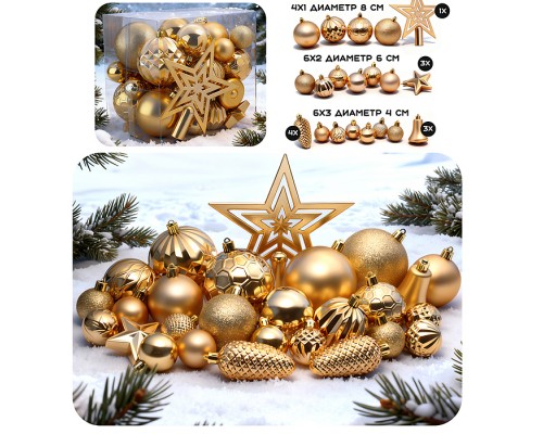 Набор новогодних украшений "Золотой иней" (45 шт х 4, 6, 8 см)
