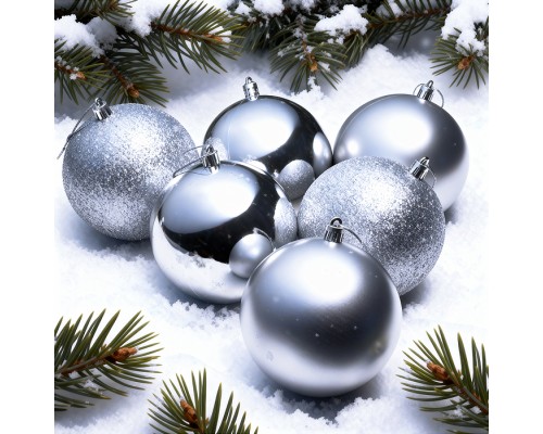Набор новогодних украшений "Шары" (6шт.,6см,) серебро, в коробке