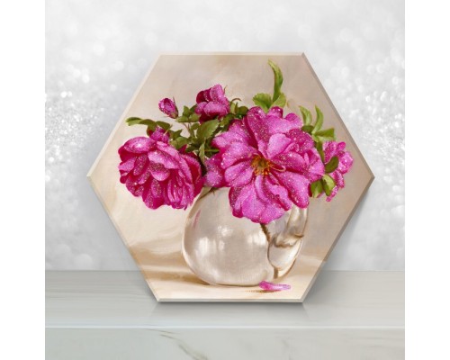 Картина по номерам 37х32 "Бузин. Розовый букет" с кристаллами из хрусталя Гексагон (17  цветов)