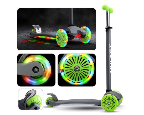 Самокат 3-х колесный ROCKET,колеса PU со светом, ABEC 7, серый