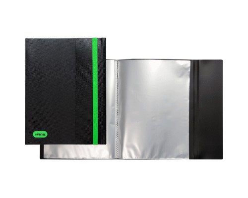 Папка с вкладышами 20 л. A4 500 мкм 15 мм "MonoChrome" непрозрачная черная с неоновым зеленым