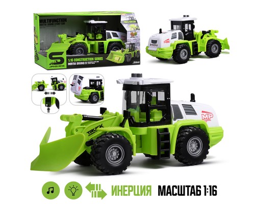 Трактор "Строитель" 1:16 (свет, звук) в коробке (зеленый)