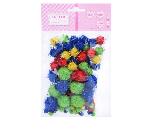 Набор помпонов для творчества 100 шт, с блестками ассорти размеров и цветов (8мм - 50шт, 15мм - 35шт, 25мм - 15шт) в пластиковом пакете с блистерным подвесом