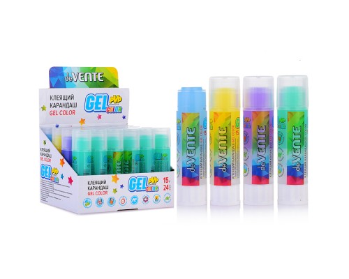 Клеящий карандаш PVP основа "Color Gel" 15 г гелевый цветной полупрозрачный, 4 цвета ассорти (голубой, зеленый, фиолетовый, желтый) в картонном дисплее с пластиковым поддоном