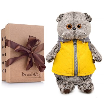 Кот Басик в желтой жилетке с серым капюшоном 22см