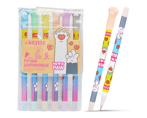 Набор ручек шариковых "Meow Paw" 6 цветов, d=0,7 мм, пластиковый корпус