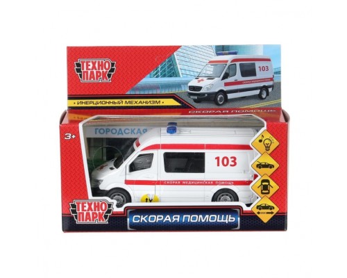Машина металл свет-звук "Скорая помощь" 14,5см, двери, багаж, инерц, бел, кор.