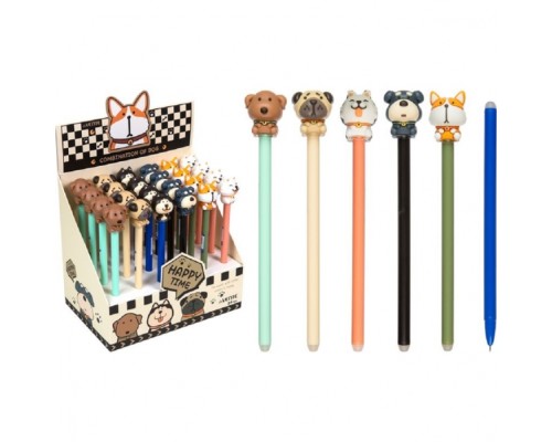 Ручка гелевая стираемая подарочная "Combination of Dogs" с декоративным элементом, d=0,5 мм, с ластиком, сменный стержень, индивидуальная маркировка, в картонном дисплее, синяя, ассорти 6 дизайнов