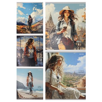 Тетрадь 48л. клетка "Девушки-путешественницы" (цветная мелов. обл., лён)