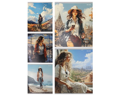 Тетрадь 48л. клетка "Девушки-путешественницы" (цветная мелов. обл., лён)