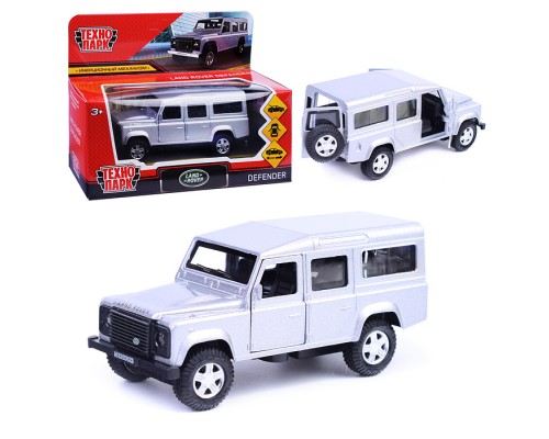 Машина металл Land Rover Defender 12 см, (двер, баг, серебристый) инерц, в коробке