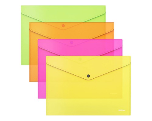 Папка-конверт на кнопке пластиковая Glossy Neon, полупрозрачная, A4, ассорти