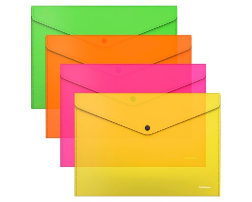 ТОП Папка-конверт на кнопке пластиковая Fizzy Neon, A4, полупрозрачный, ассорти