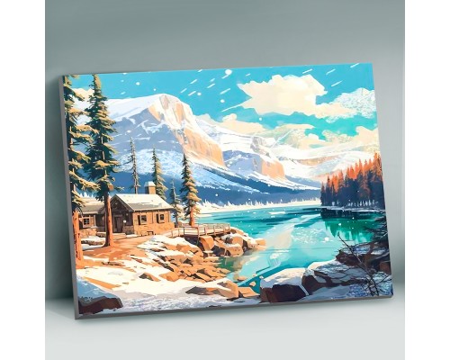 Картина по номерам 40х50 "Домик у горного озера" с поталью платина (26 цветов)