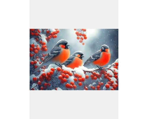 Алмазная мозаика 22х32 "Снегири на рябине" c подр., с полн. заполн. (24цв) (класс.)