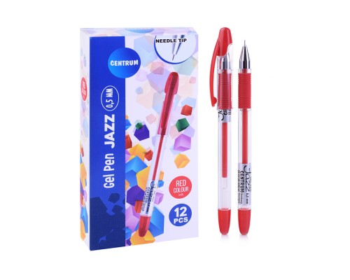 Ручка гелевая красная игольчатая "JAZZ" с металлическим наконечником, 0,5 мм., в прозрачном корпусе с резиновой вставкой в цвет чернил, клип серебряный