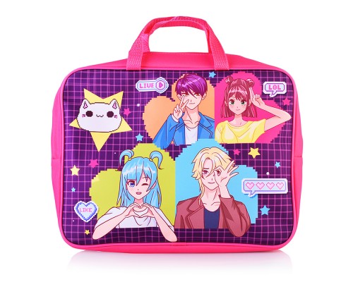 Папка - сумка "Аниме" А4, боковина - 75 мм. Предназначена для хранения альбомов, рисунков и прочих принадлежностей для школы и творчества. Модель выполнена из  полиэстера. Папка оснащена текстильными ручками, имеется одно основное отделение на м