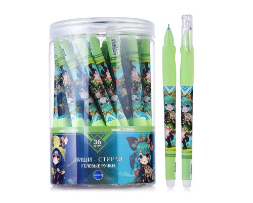 Ручка гелевая прорезиненная Аниме со стираемыми чернилами с эргономичной резинкой для пальцев, цвет чернил синий 0,5 мм в пластиковом тубусе