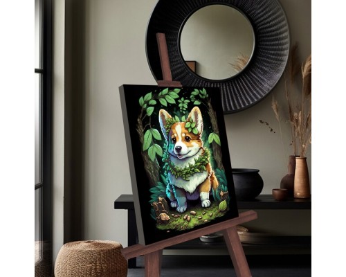 Картина по номерам 30х40 "Щенок корги" черный холст со светящейся краской, цветная схема (30 цветов)