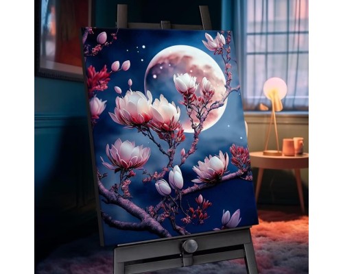 Картина по номерам 40х50 "Цветущая магнолия" с кристаллами из хрусталя (19 цветов)