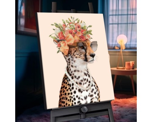 Картина по номерам 40х50 "Леопард в цветах" с кристаллами из хрусталя (26 цветов)