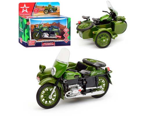 Модель металл Мотоцикл с коляской, Армия России 13 см, (свет-звук,зелен.,)в коробке