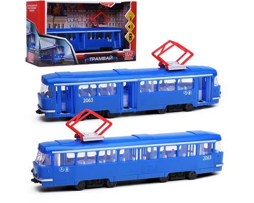 Модель пластик Трамвай 24 см. (свет-звук , двери, синий) в коробке