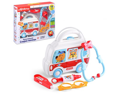 Музыкальная Скорая помощь, с набором доктора (комплект из 5 предметов: машинка-чемоданчик, красный шприц, красный термометр, стетоскоп, очки)