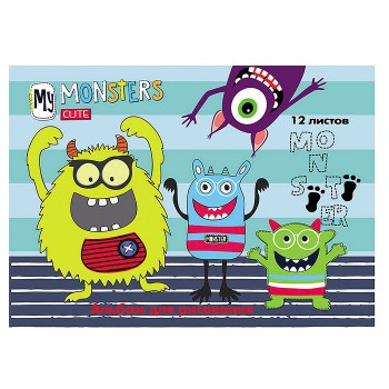 Альбом для рисования 12 л., "Радостные монстрики" скрепка