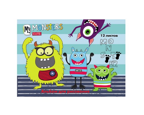 Альбом для рисования 12 л., "Радостные монстрики" скрепка