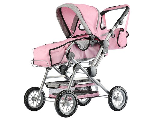 Коляска зима-лето для кукол, металлическая, с люлькой-переноской, с корзиной, с сумкой, цвет серо-розовый	, в пакете
