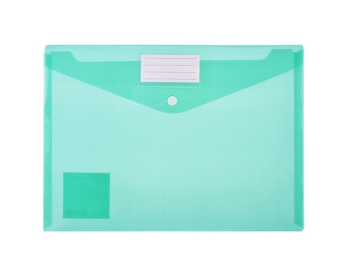 Папка-конверт на кнопке с карманом для визитки A4 (330x235 мм) 180 мкм, наварной карман для визитки на клапане, полупрозрачная зеленая, индивидуальная маркировка